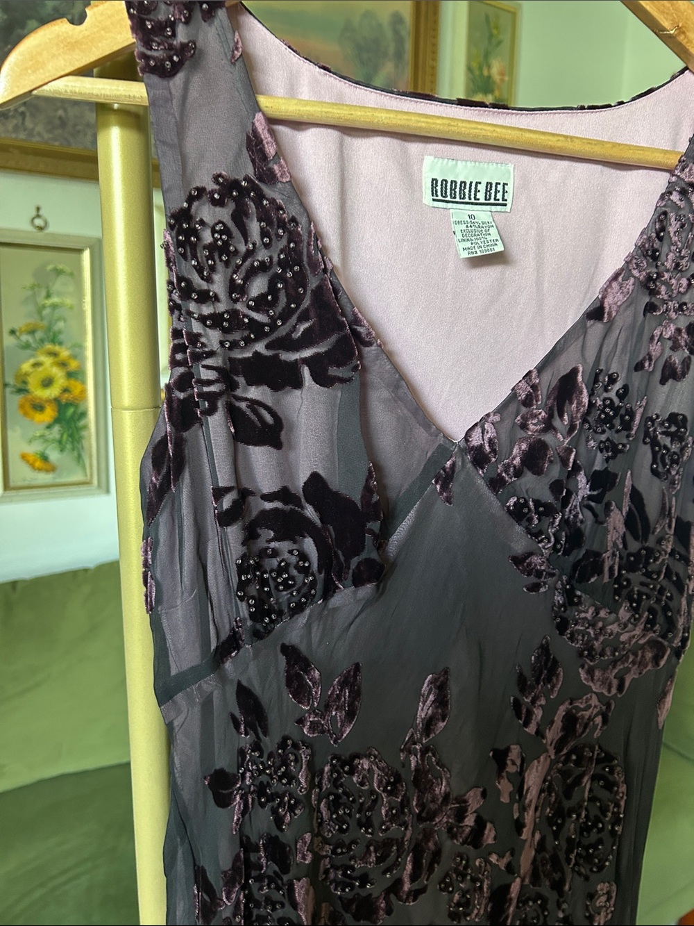 NWT 90s Robbie Bee Floral and Velvet Beaded Vintage Dress - Picture 5 of 10